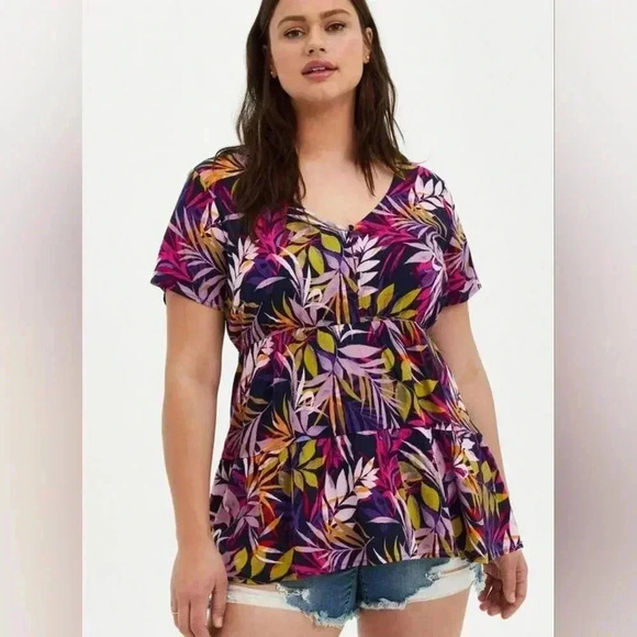 Torrid Multi Leaves Tropical Hawaiian Rayon Slub Tiered Button‎ Top  Sz 1  (XXL) - Picture 1 of 7
